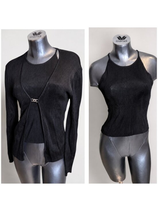 Laundry By Shelli Segal Tops - Laundry by Shelli Segal Black Ribbed Knit 2-Piece Cardigan & Tank Set Size L